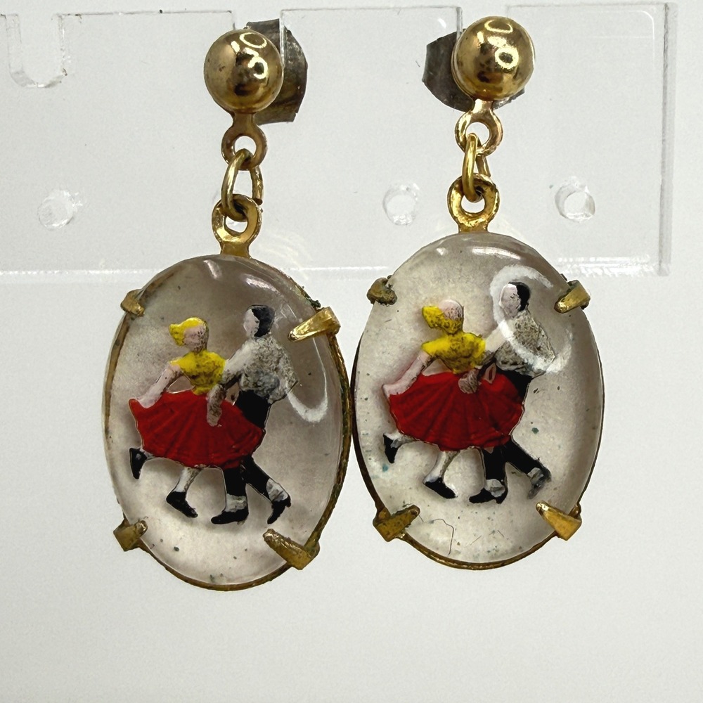 Vintage Reverse Carved Lucite Square Dance Couple Drop Earrings Gold Tone Oval